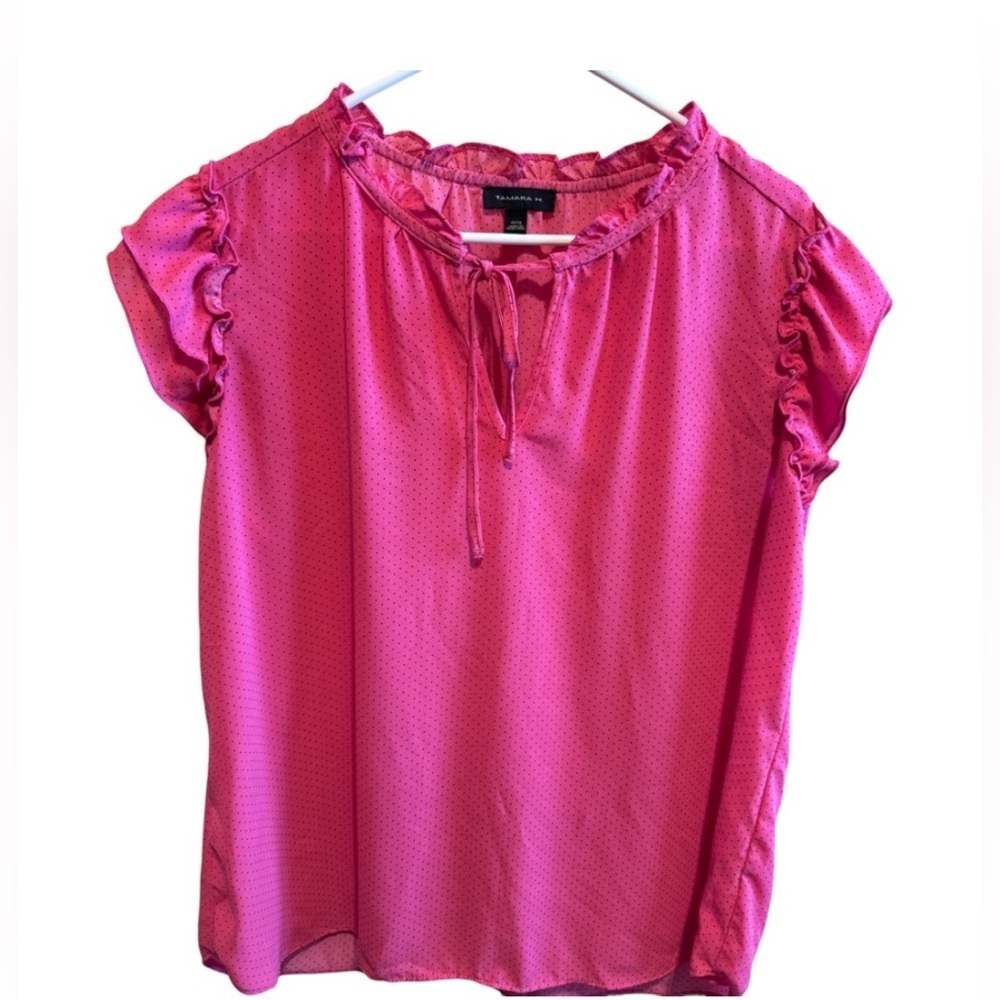 Tamara H Pink Black Dot Blouse Ruffle Cap Sleeve Neck Tie shirt Sz XL - Picture 1 of 11